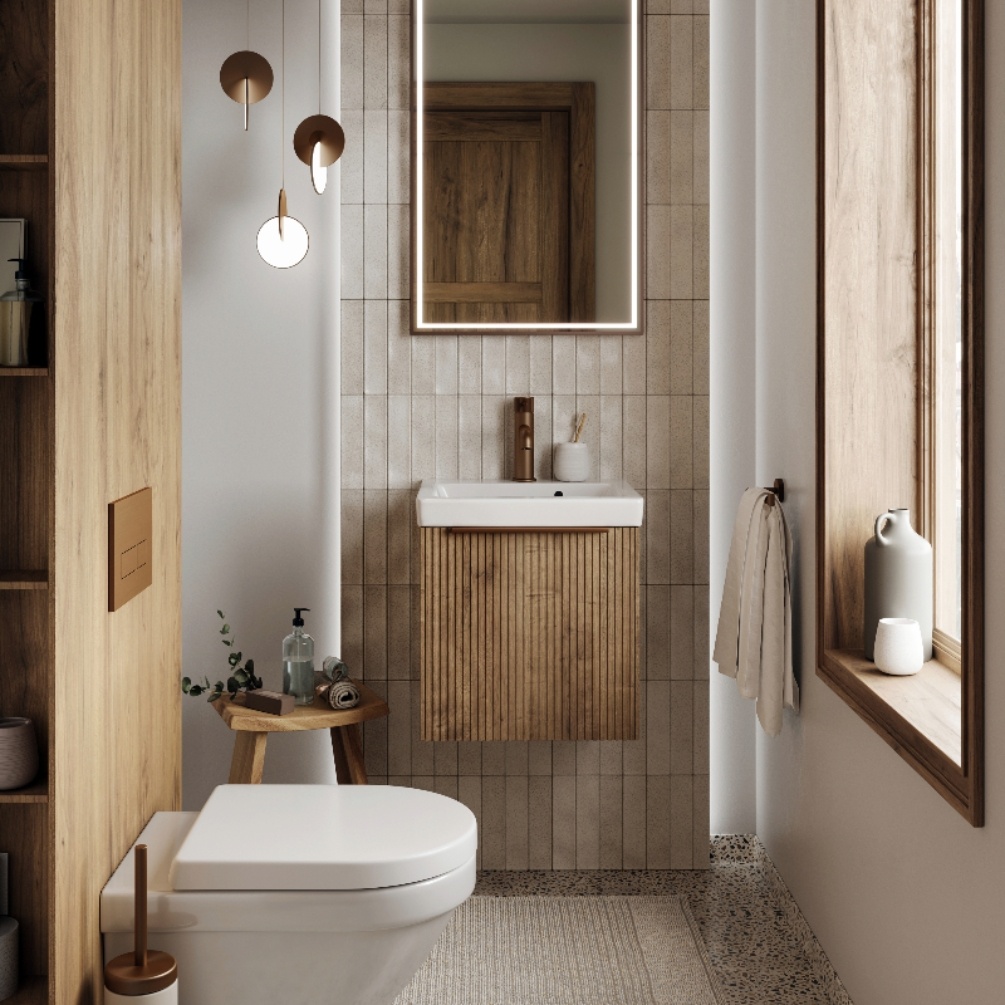 Product Lifestyle image of the Abacus Concept Linear Halifax Oak 550mm Basin & Vanity Unit